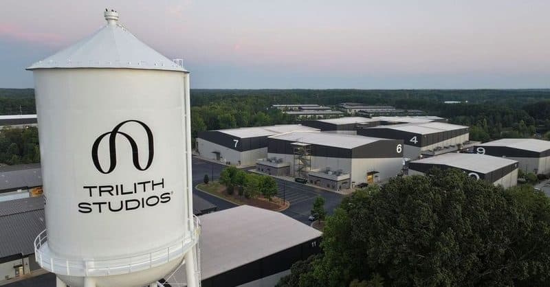 Trilith Studios campus aerial with water tower and soundstages