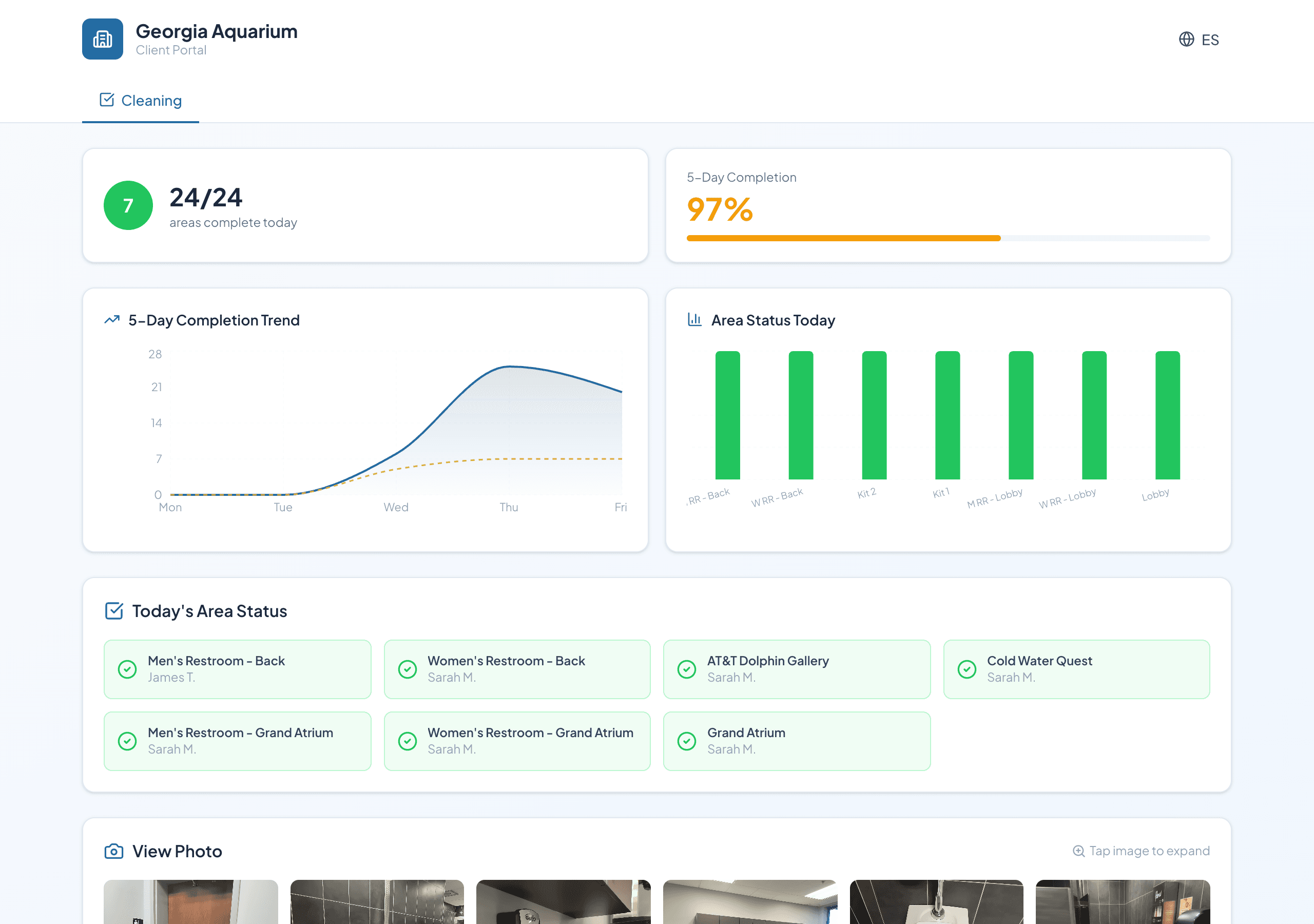 MillenniumOS Client Portal: real-time facility completion data, area status charts, inspection photos, and GPS-verified shift tracking