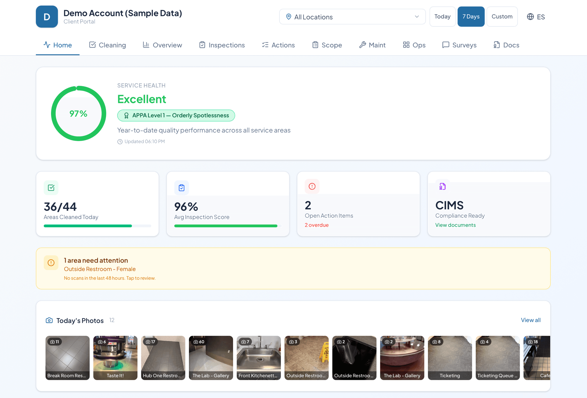 MillenniumOS Client Portal: real-time facility completion data, area status charts, inspection photos, and GPS-verified shift tracking