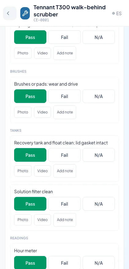 Preventive maintenance checklist in Millennium's maintenance software with pass and fail marks for a commercial autoscrubber