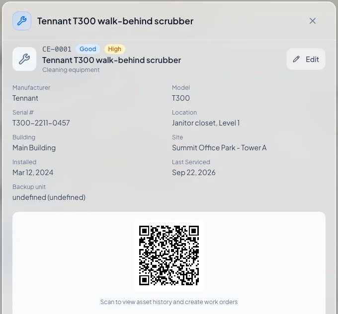 Equipment record in Millennium's maintenance software showing a QR tag and service history for a commercial scrubber