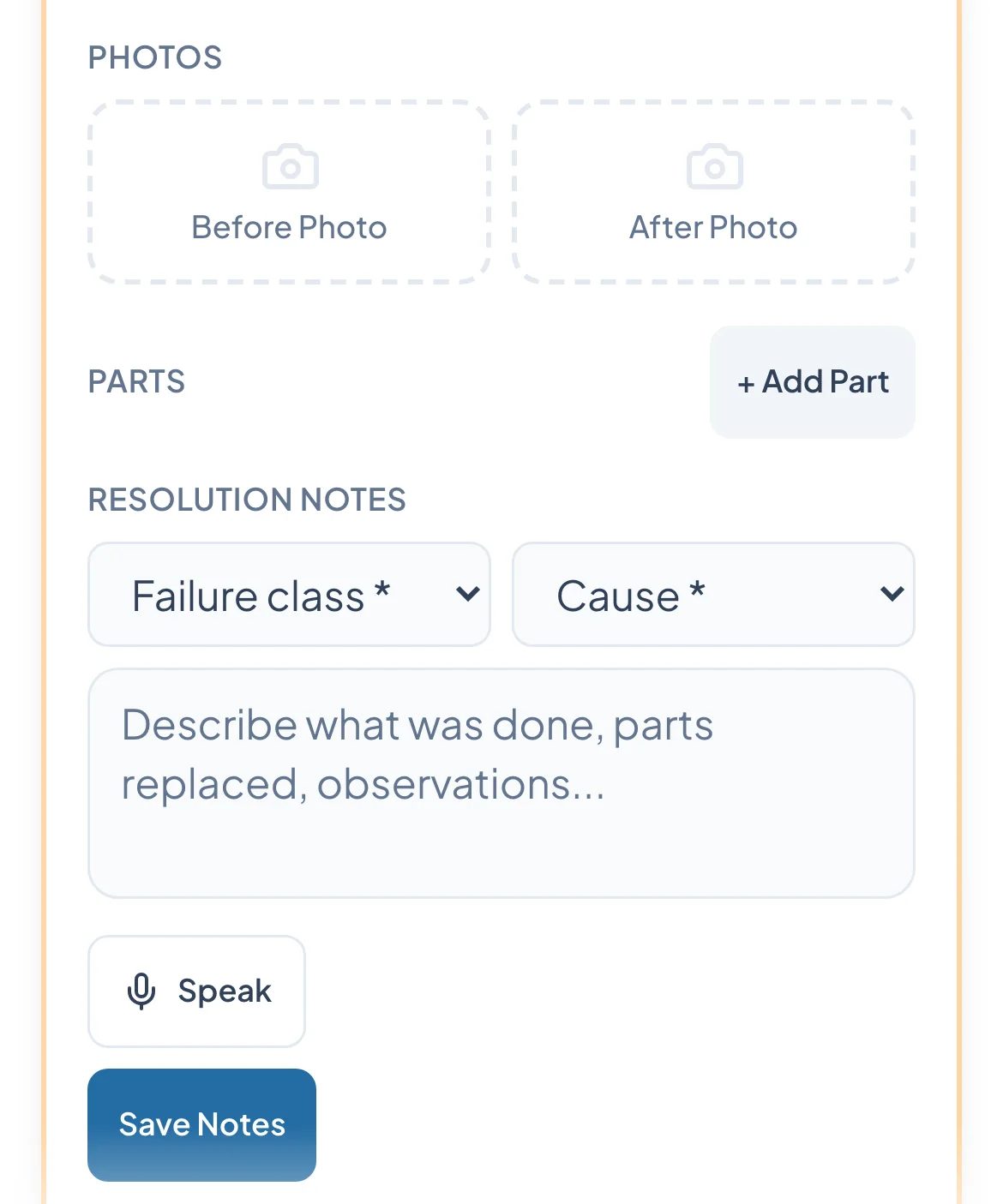 Technician app in Millennium's maintenance software showing before and after photo fields, parts used, and resolution notes for a service job