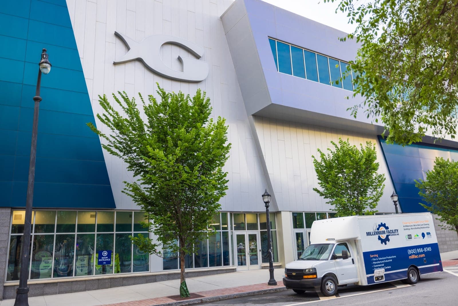 MFS branded truck parked outside the Georgia Aquarium building