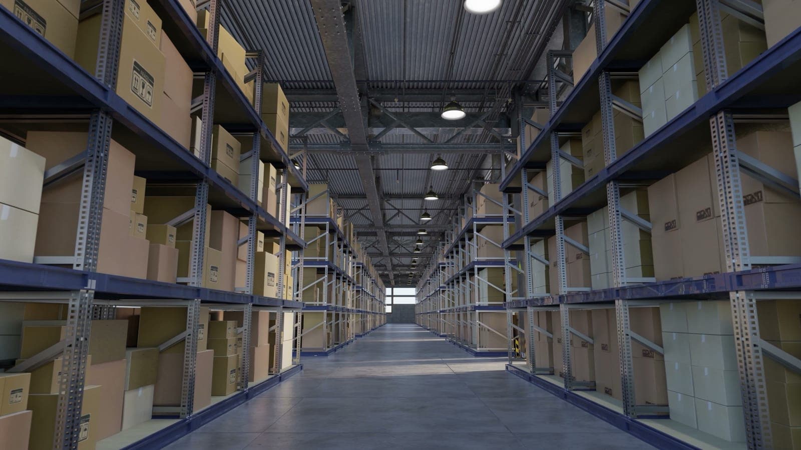 Warehouse interior with wide aisles, racking systems, and active floor operations