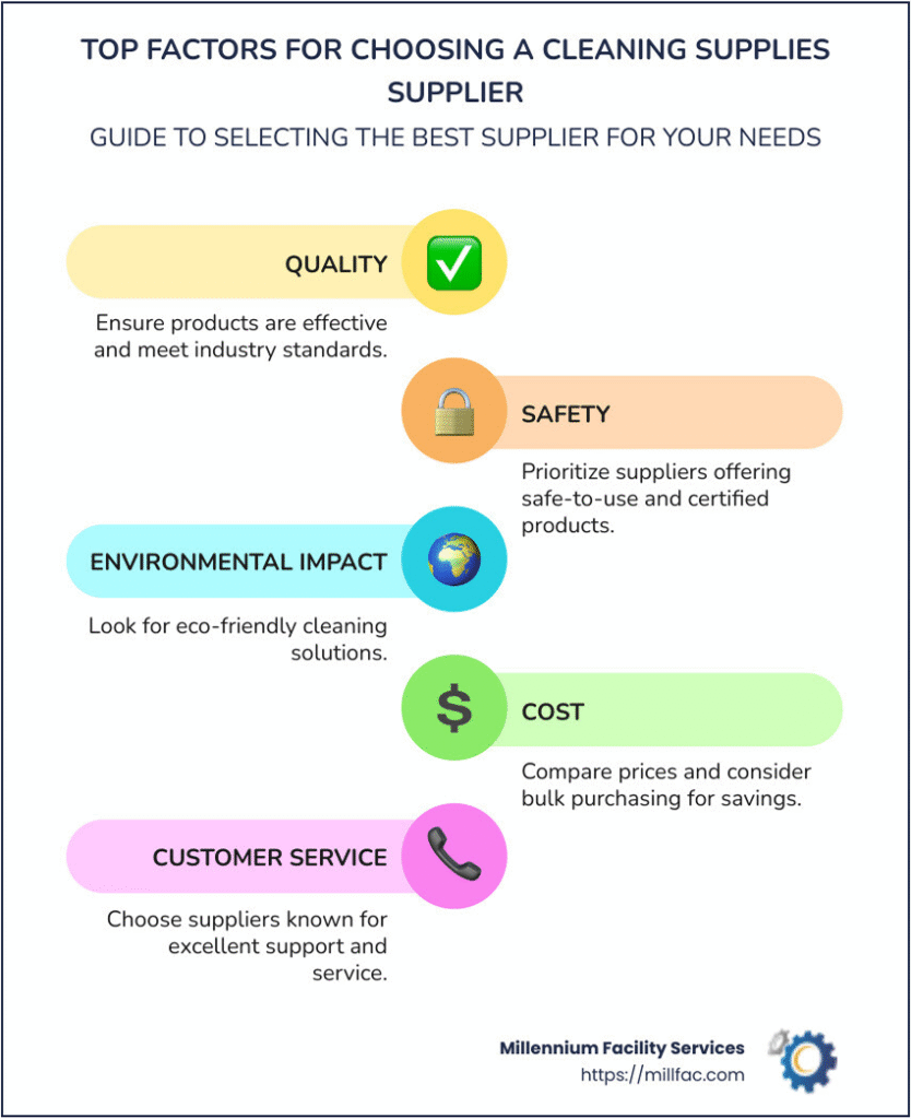 Infographic detailing top cleaning supplies suppliers, including names, locations, and types of products offered - cleaning supplies supplier infographic infographic-line-5-steps-colors